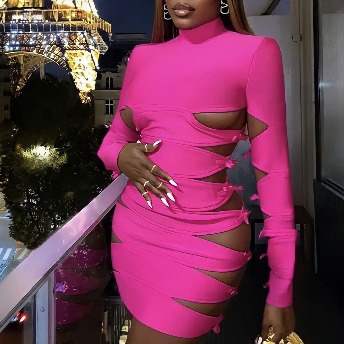Pink High Neck Long Sleeve Bow Cutout Bodycon Mini Dress