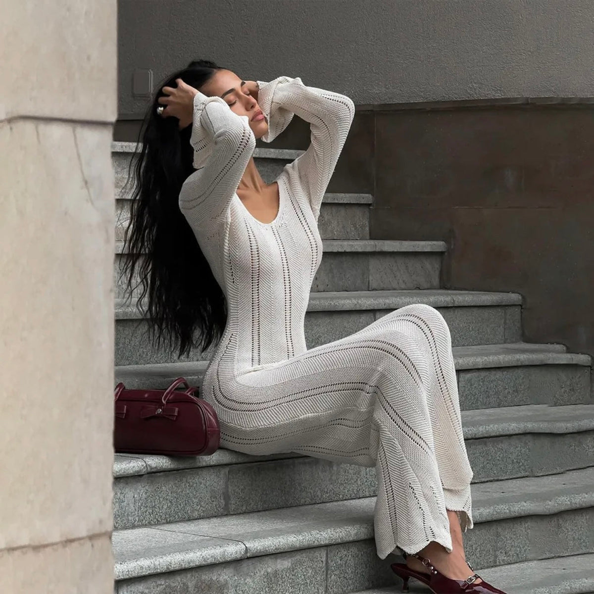 Scoop Neck Pointelle Knit Flared Sleeve Bodycon Maxi Dress