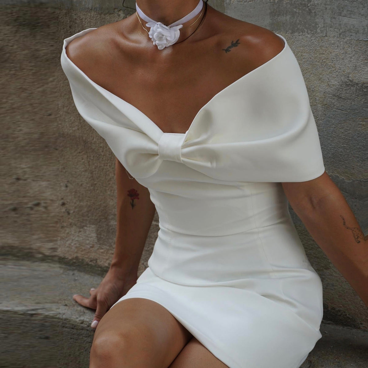 Off-Shoulder Twist Front Draped Satin Bodycon Mini Dress