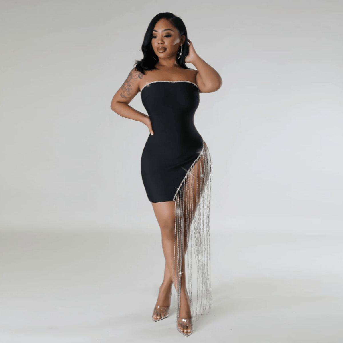 Black Strapless Rhinestone Tassel Fringe Asymmetric Bodycon Mini Dress