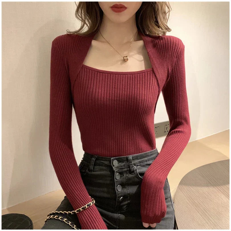 Autumn Winter Square Shawl Neckline Pullover Sexy Knit Top Burgundy / S knittop-250126