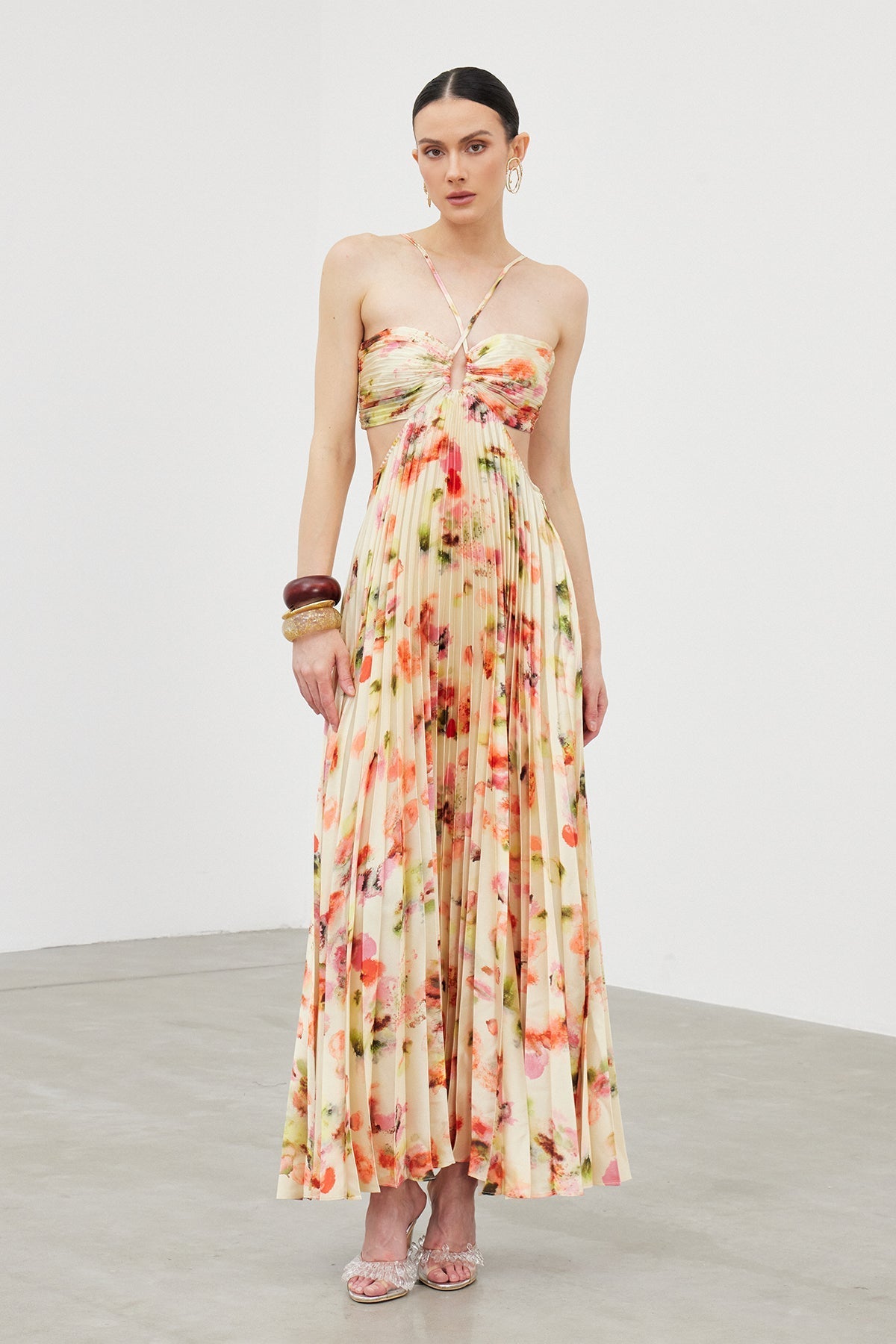 Ianuarius Halter Neck Ruch Print Maxi Dress