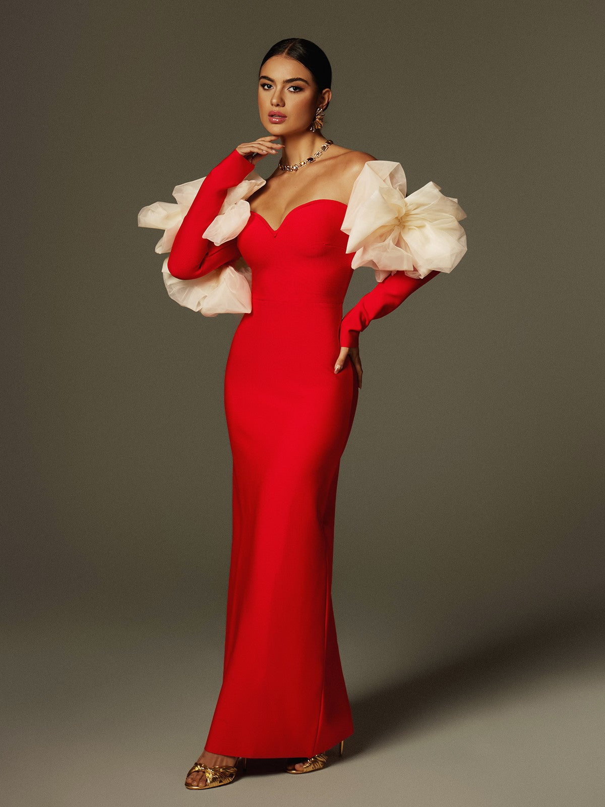 Off Shoulder Flower Bandage Maxi Dress In Red