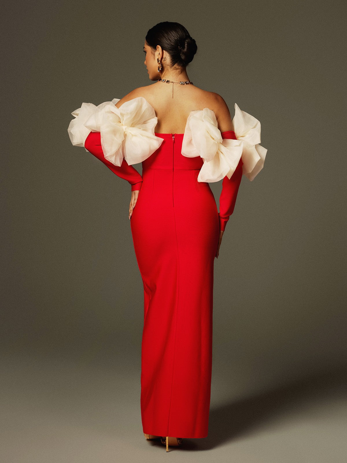 Off Shoulder Flower Bandage Maxi Dress In Red