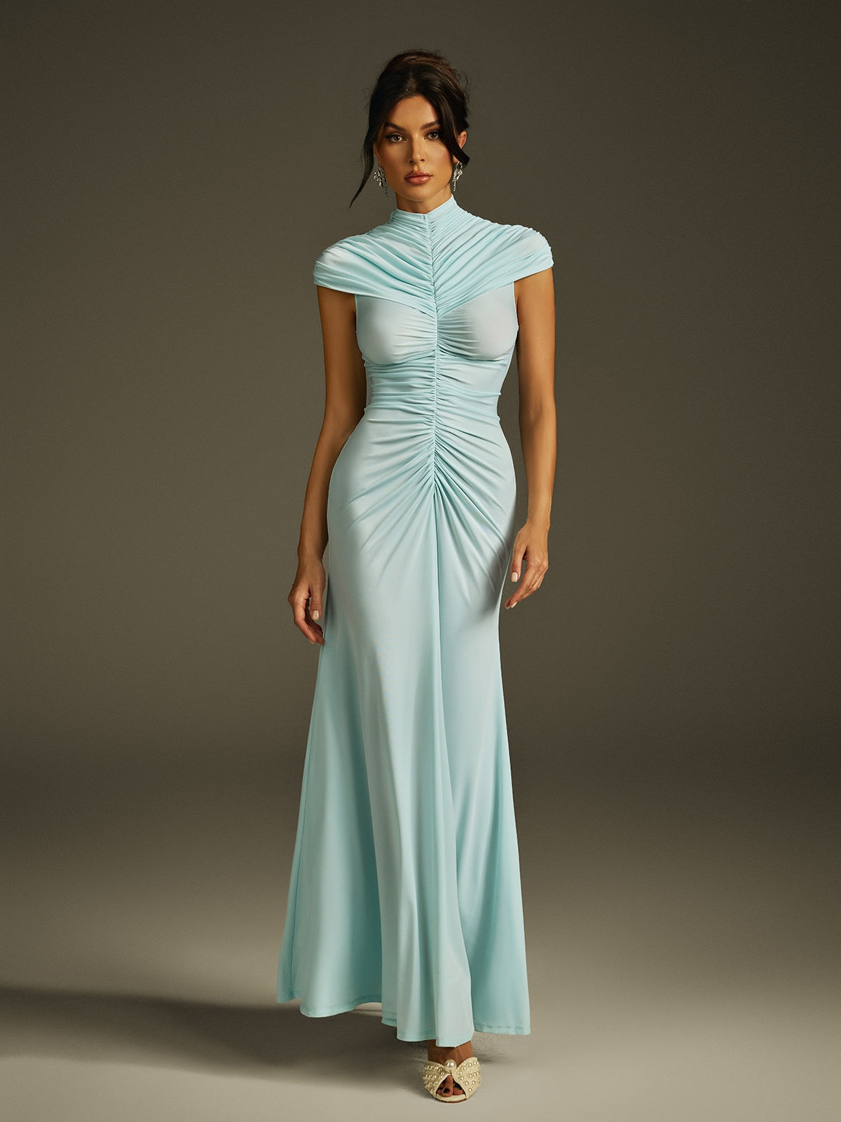 High Neck Ruched Maxi Dress