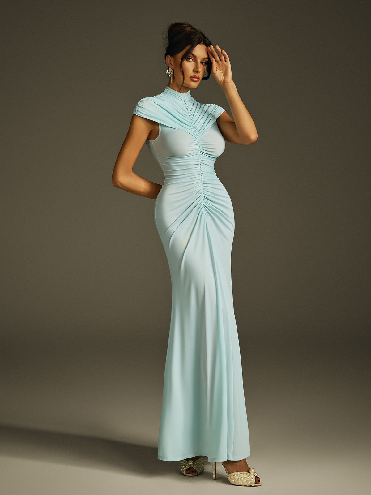 High Neck Ruched Maxi Dress
