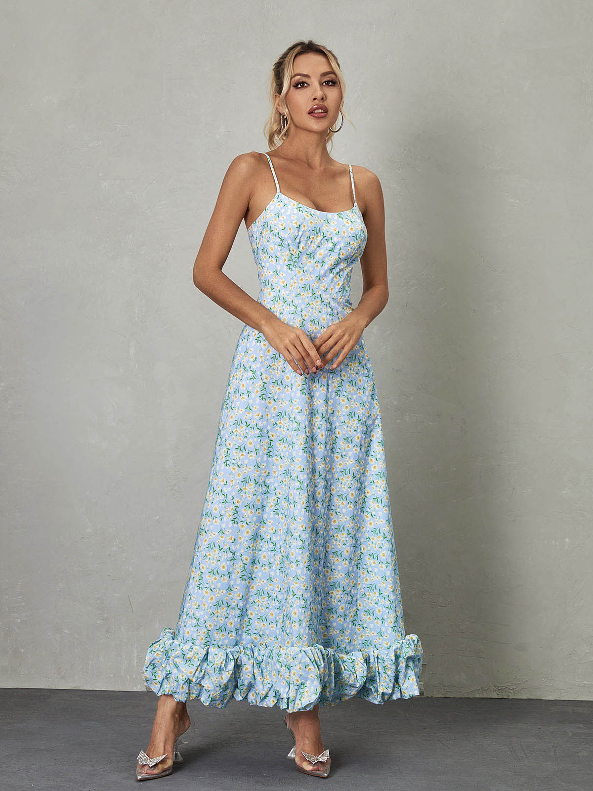 Spaghetti Strap Floral Print Ruffle Hem A-Line Maxi Dress