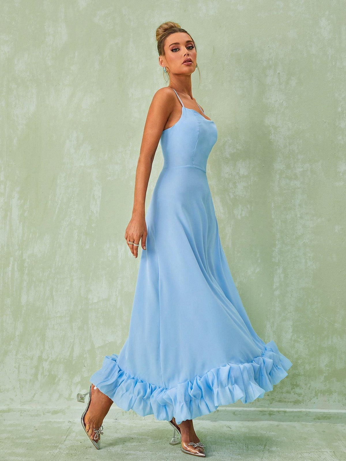 Spaghetti Strap Square Neck Ruffle Hem A-Line Maxi Dress