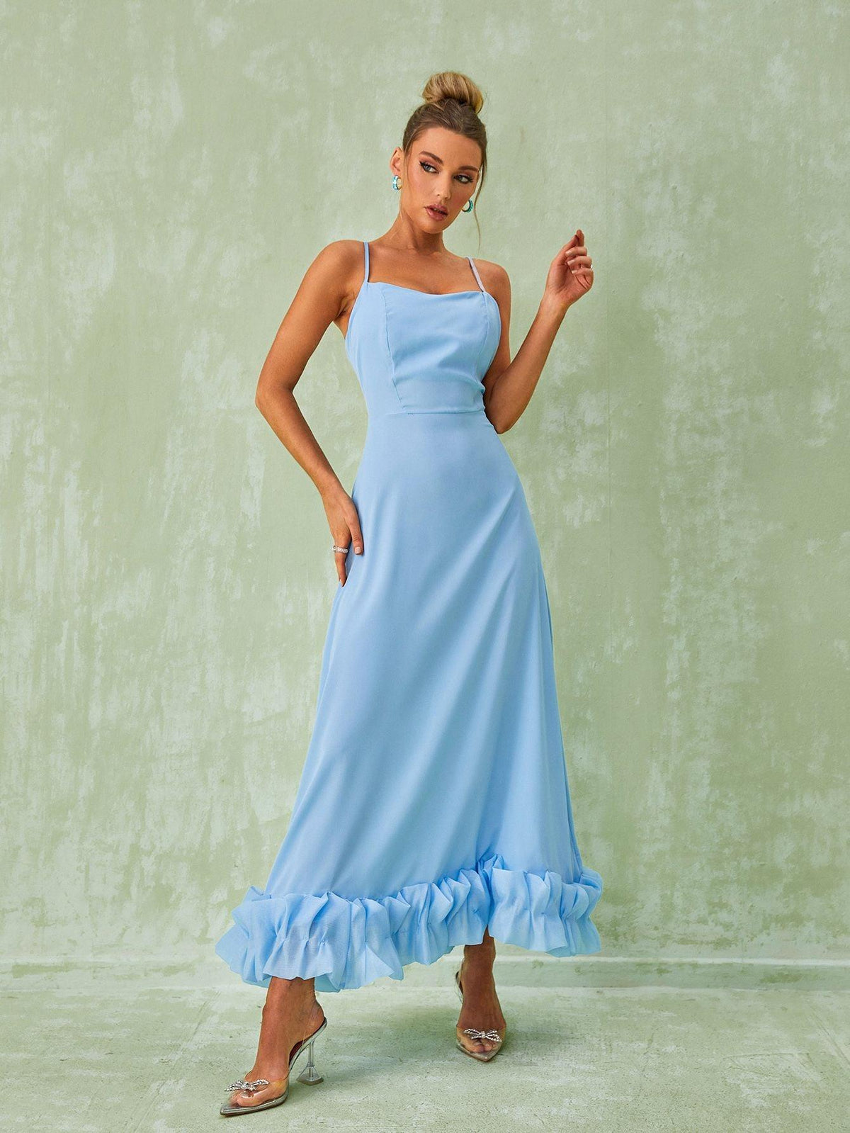 Spaghetti Strap Square Neck Ruffle Hem A-Line Maxi Dress