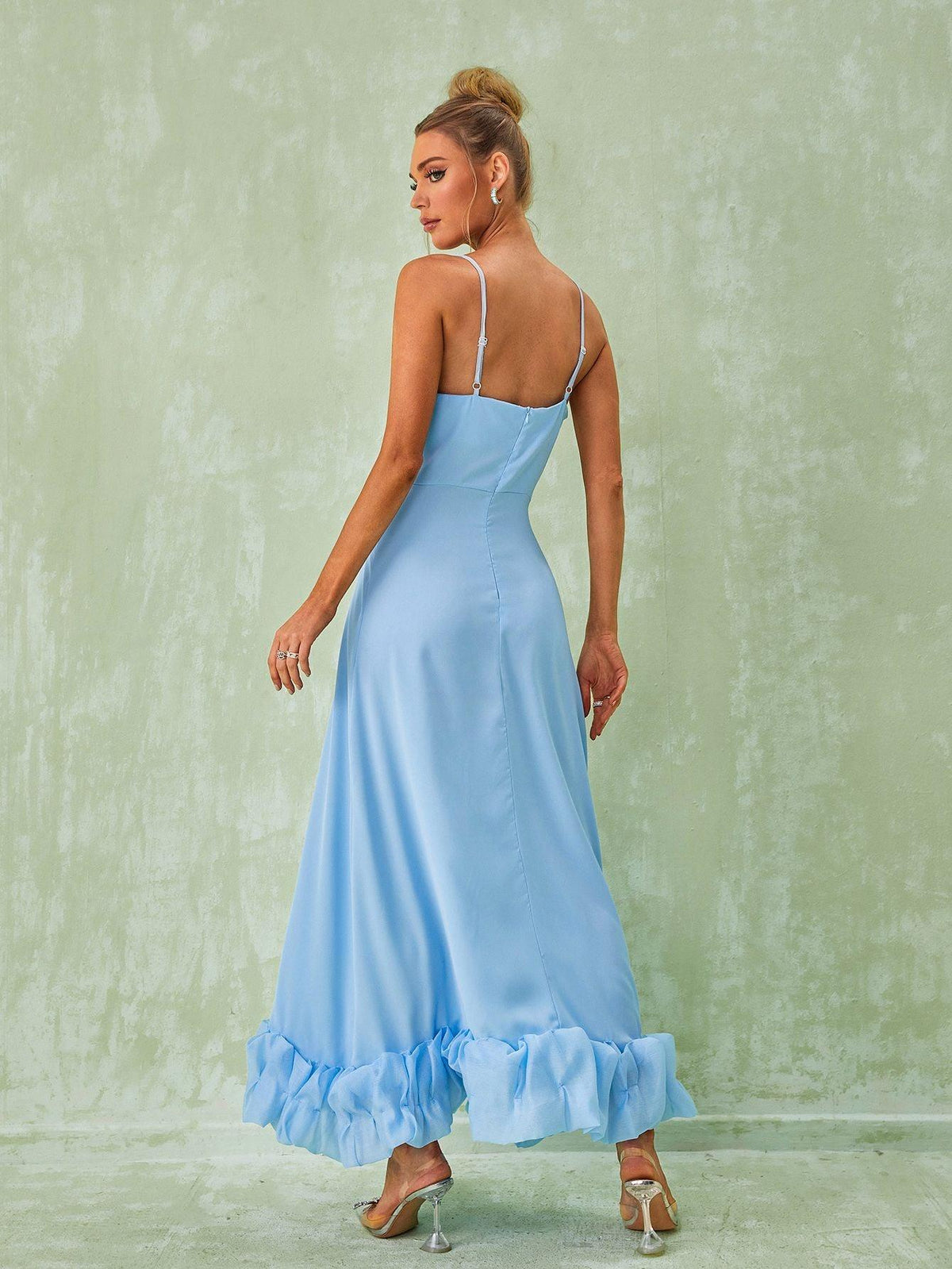 Spaghetti Strap Square Neck Ruffle Hem A-Line Maxi Dress