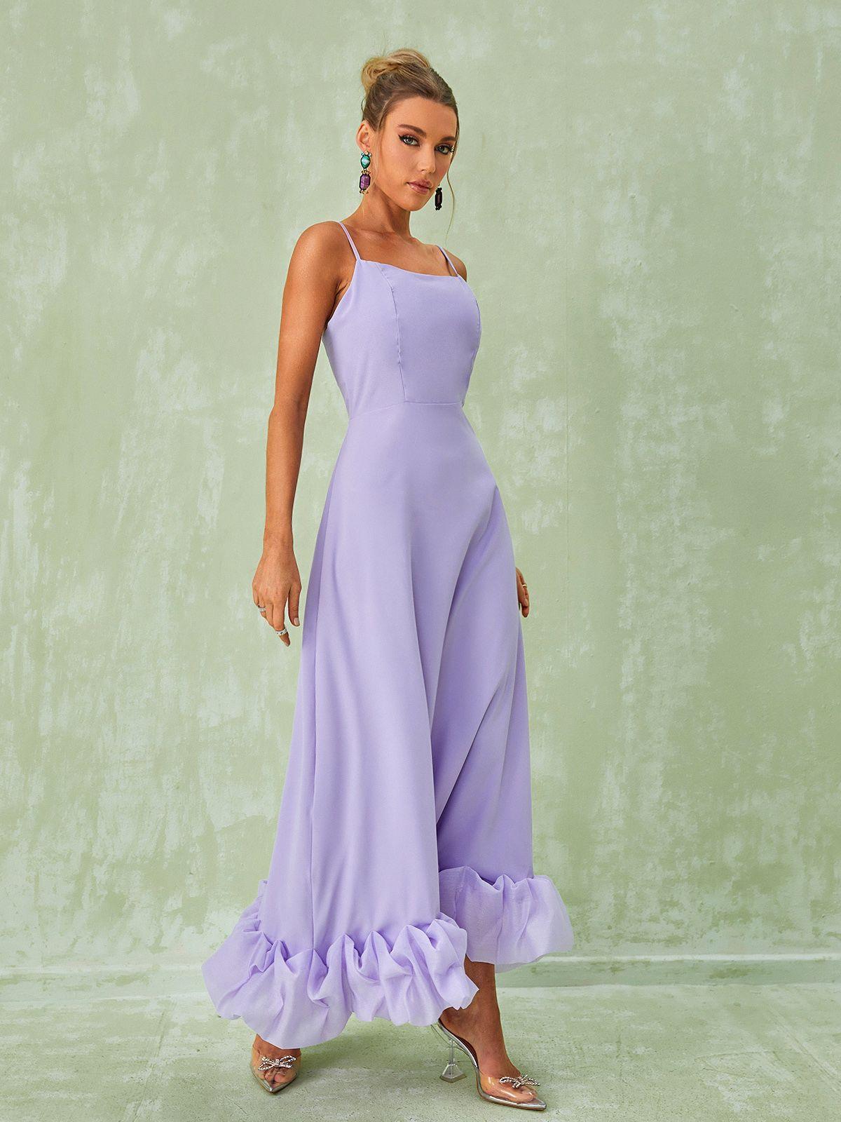 Spaghetti Strap Square Neck Ruffle Hem A-Line Maxi Dress