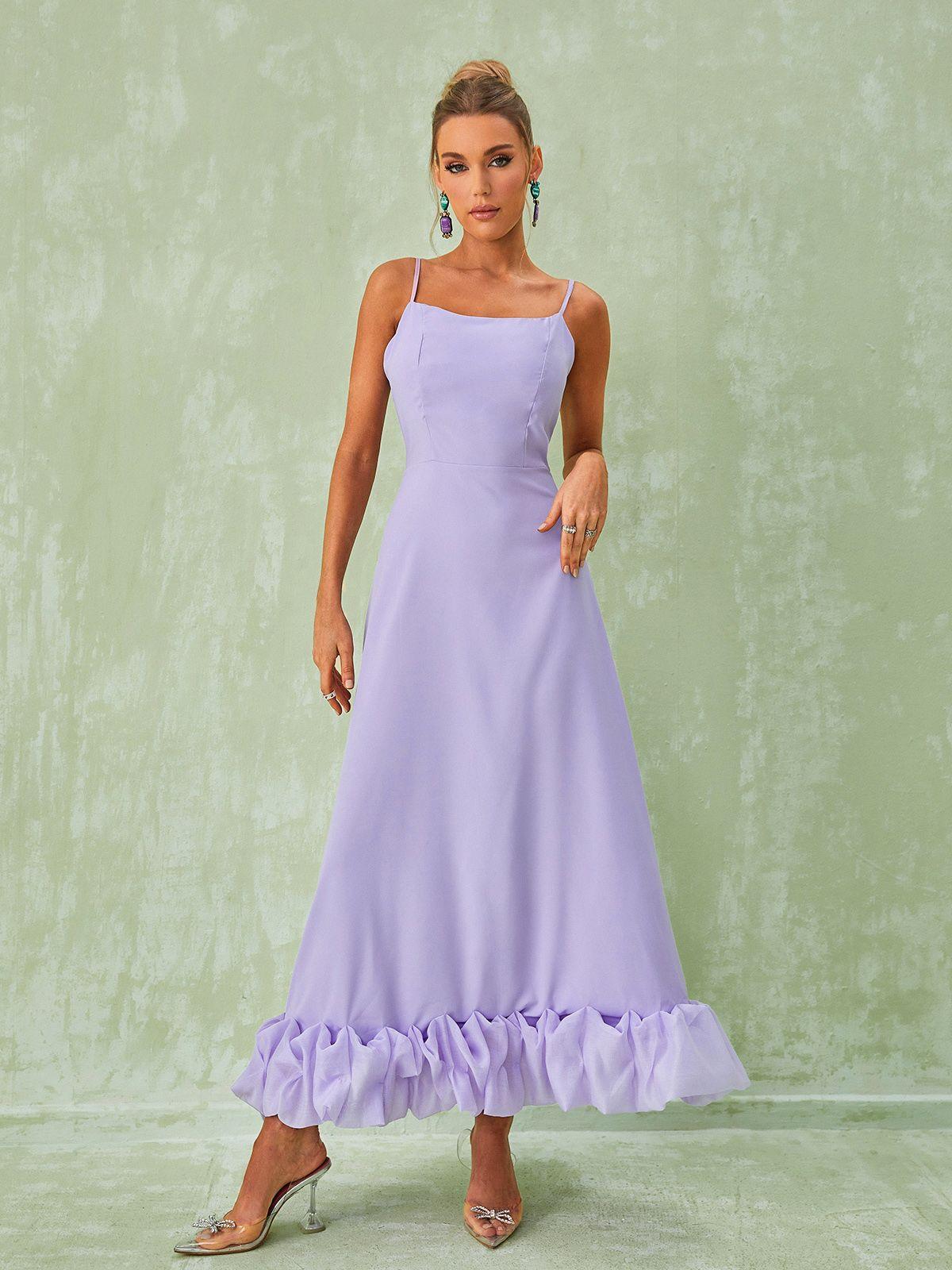 Spaghetti Strap Square Neck Ruffle Hem A-Line Maxi Dress