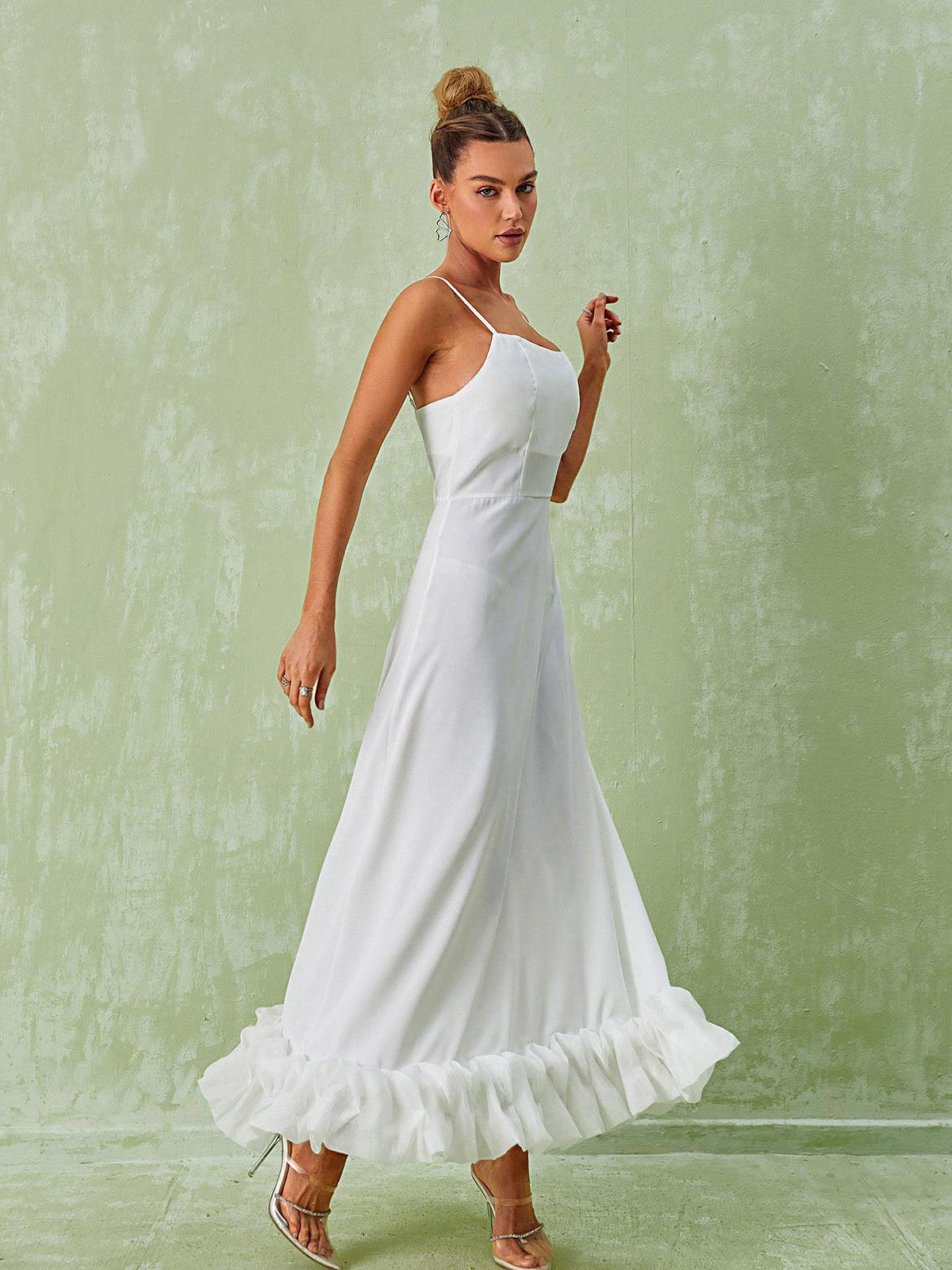Spaghetti Strap Straight Neck Ruffle Hem A-Line Maxi Dress