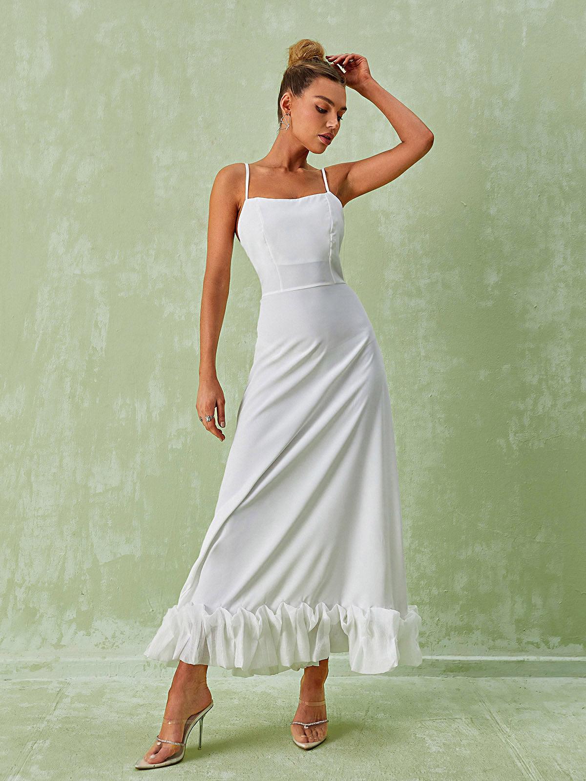 Spaghetti Strap Straight Neck Ruffle Hem A-Line Maxi Dress
