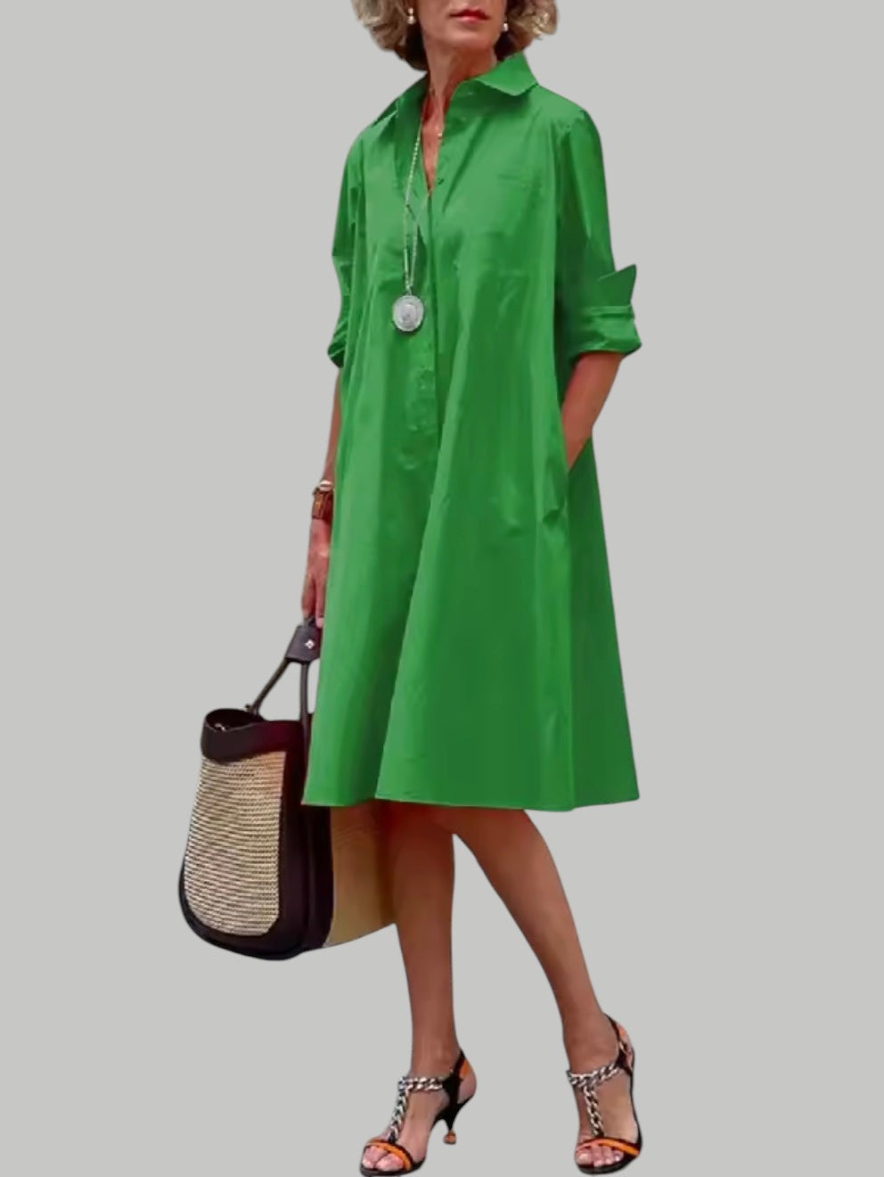 Collared Button Front Roll-Tab Sleeve A-Line Midi Dress
