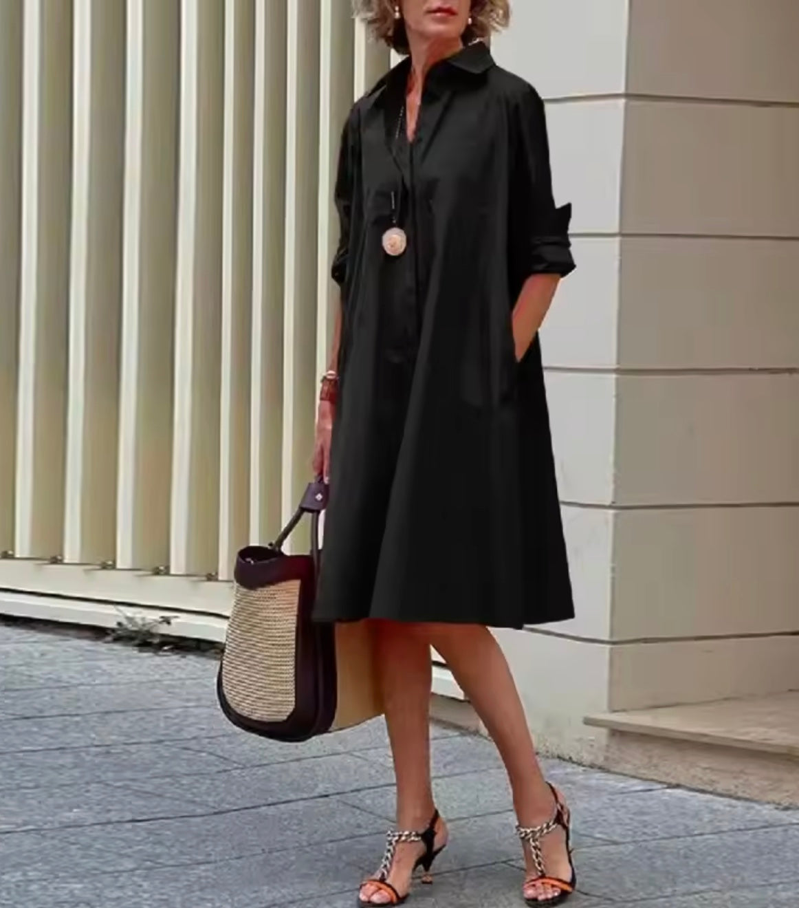 Collared Button Front Roll-Tab Sleeve A-Line Midi Dress 4