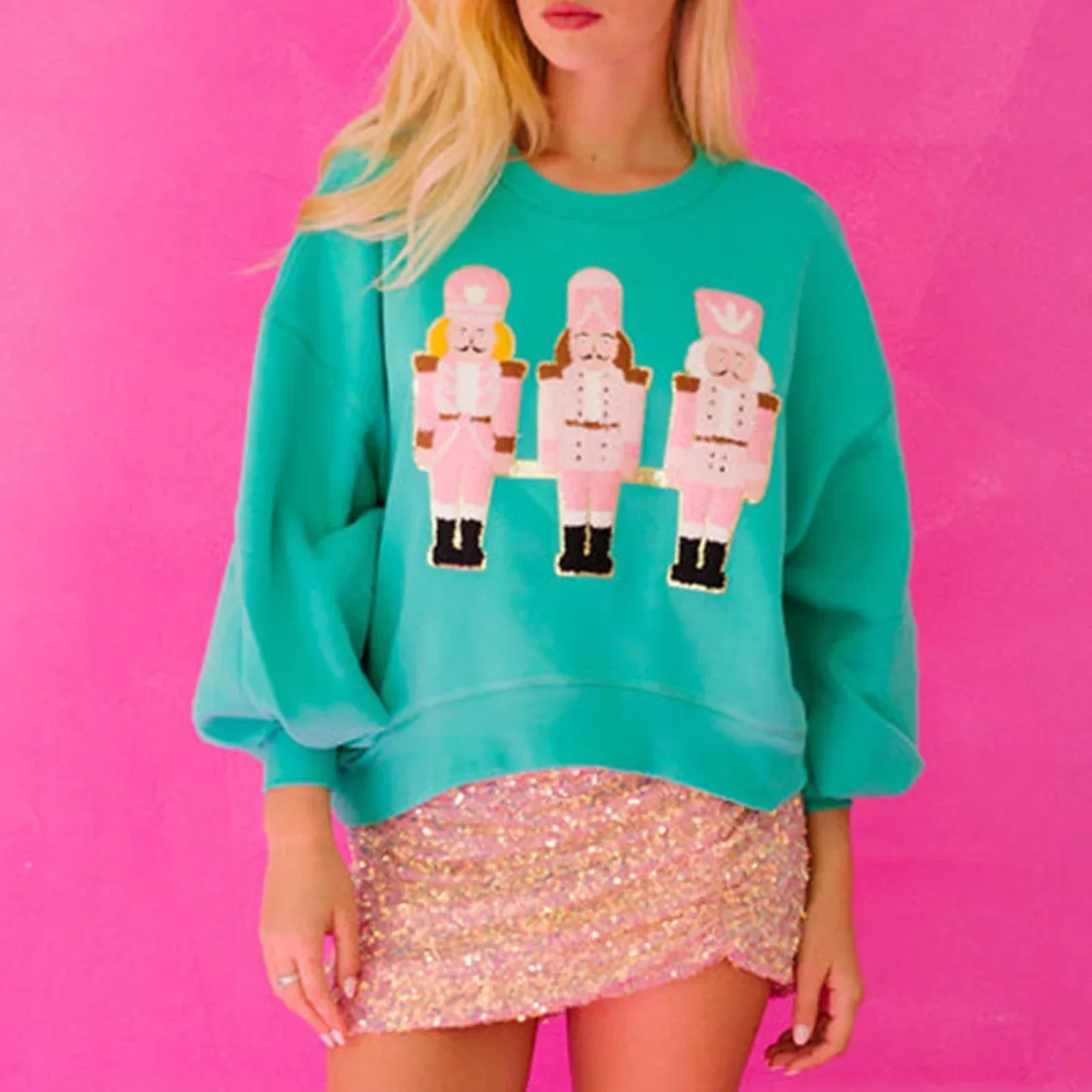 Funny Imcute Sequin Nutcracker Graphic Long Sleeve Christmas Hoodie Blue / S Hoodies-L