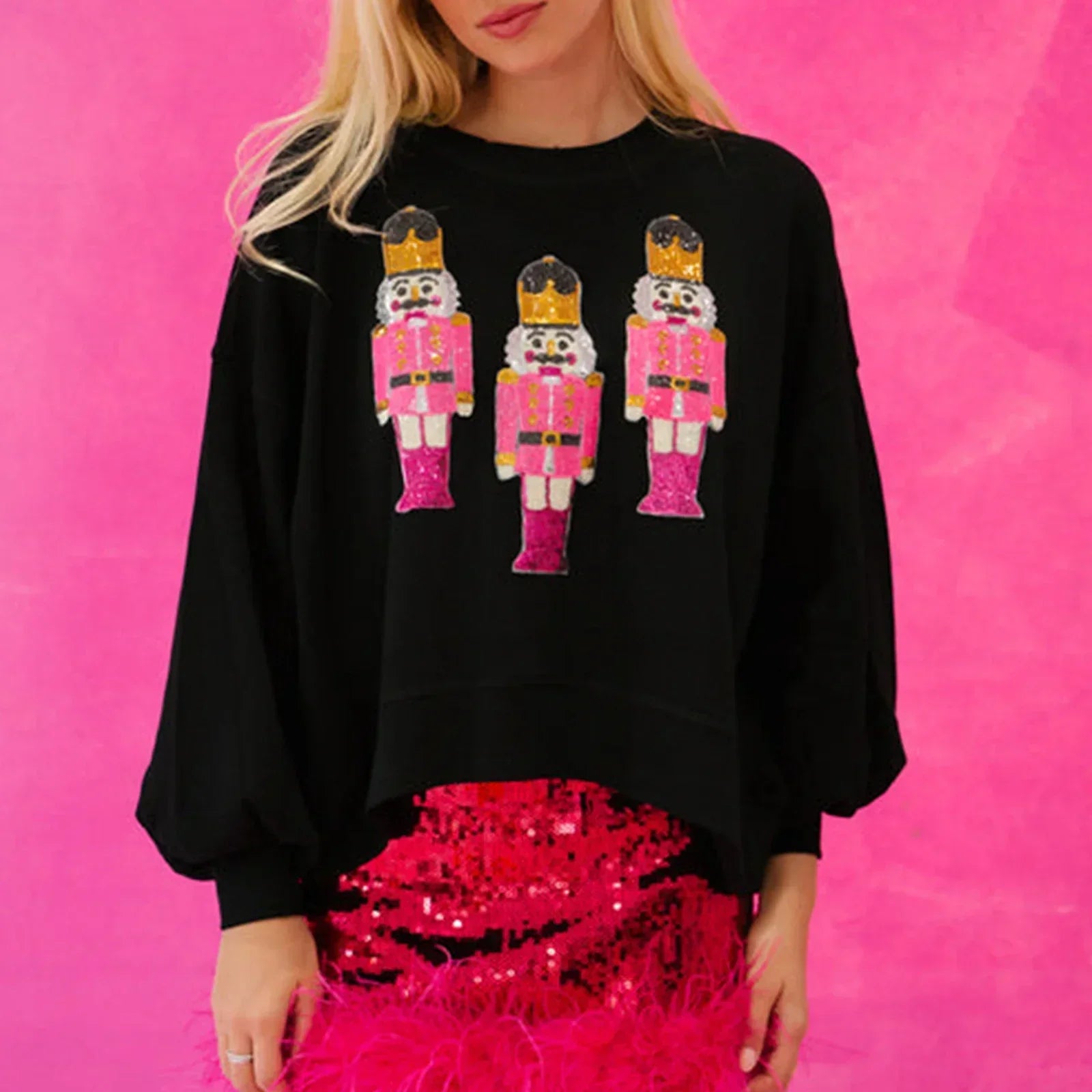Funny Imcute Sequin Nutcracker Graphic Long Sleeve Christmas Hoodie Black / S Hoodies-L