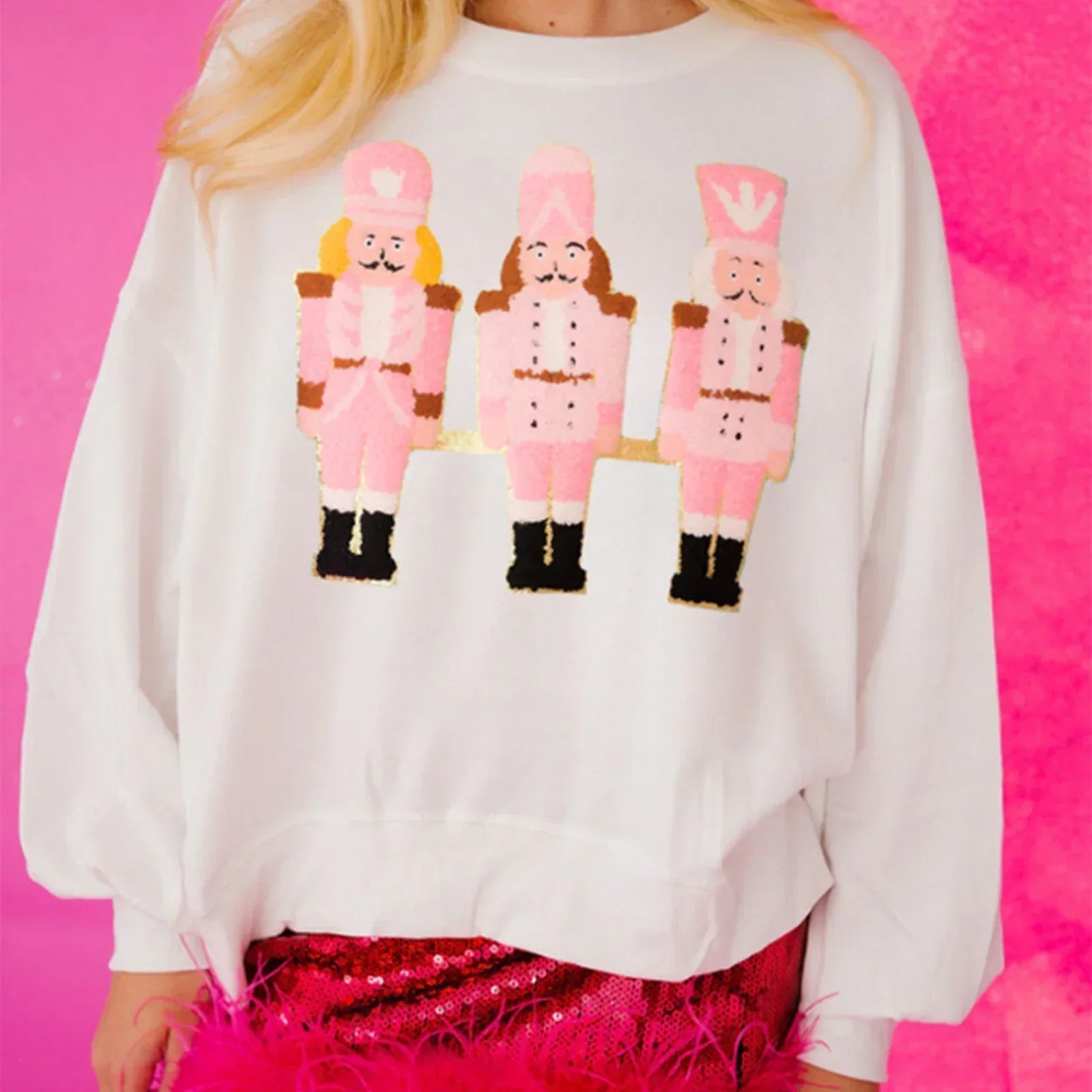Funny Imcute Sequin Nutcracker Graphic Long Sleeve Christmas Hoodie White 1 / S Hoodies-L