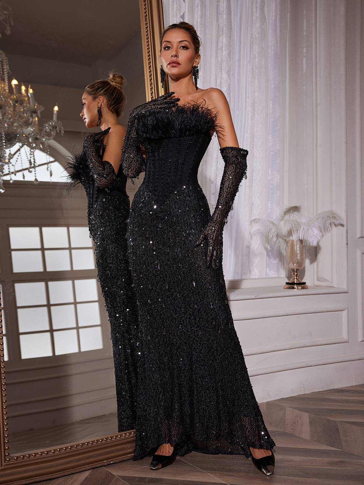 Corset Feather Sequin Maxi Dress With Gloves