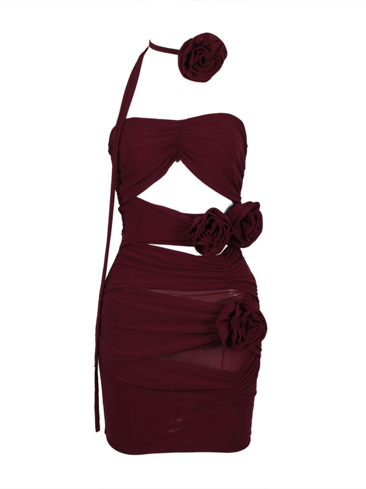 Strapless Rosette Ruched Mesh Cutout Bodycon Mini Dress