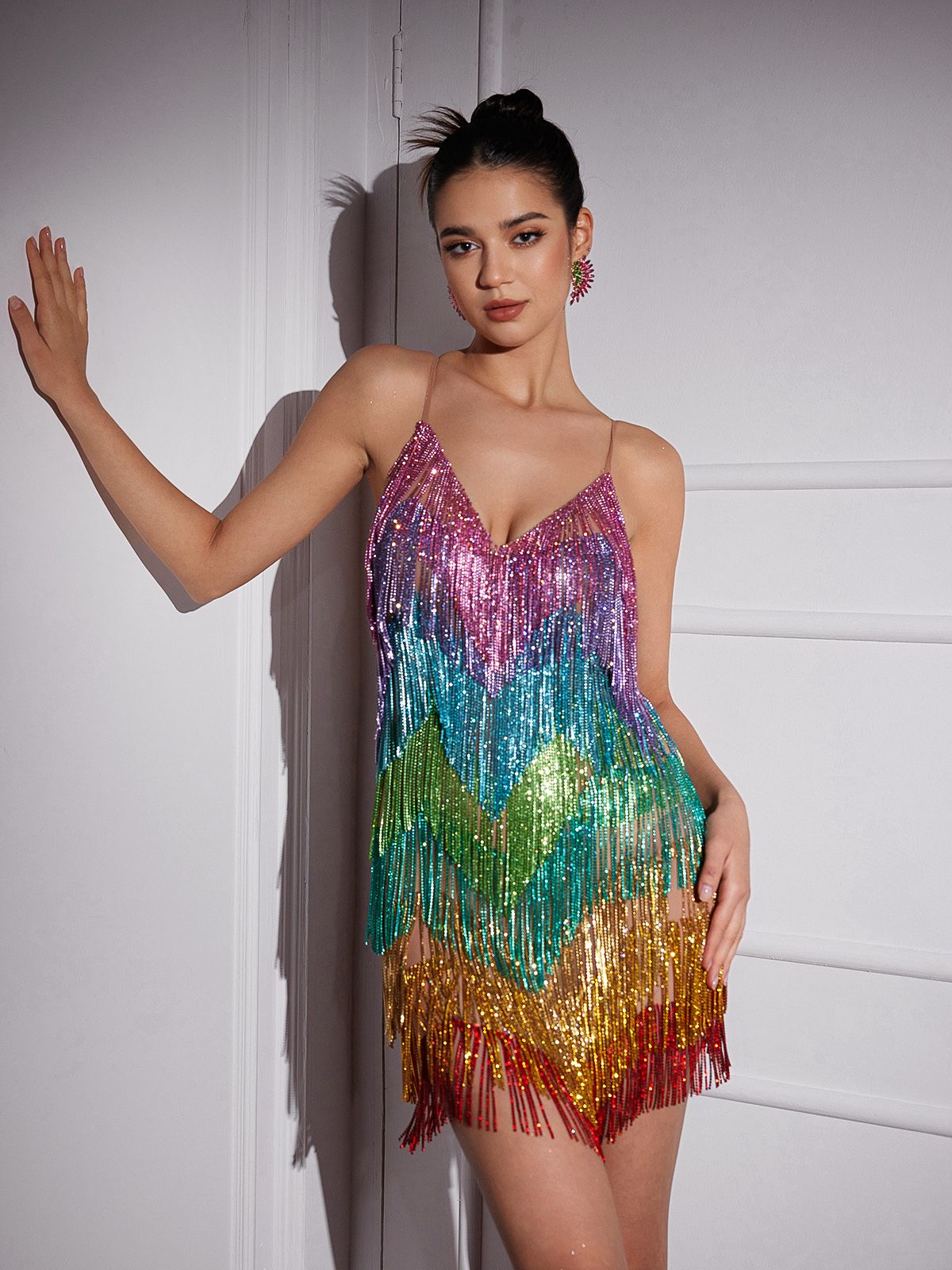 V Neck Rainbow Crystal Fringe Mini Dress