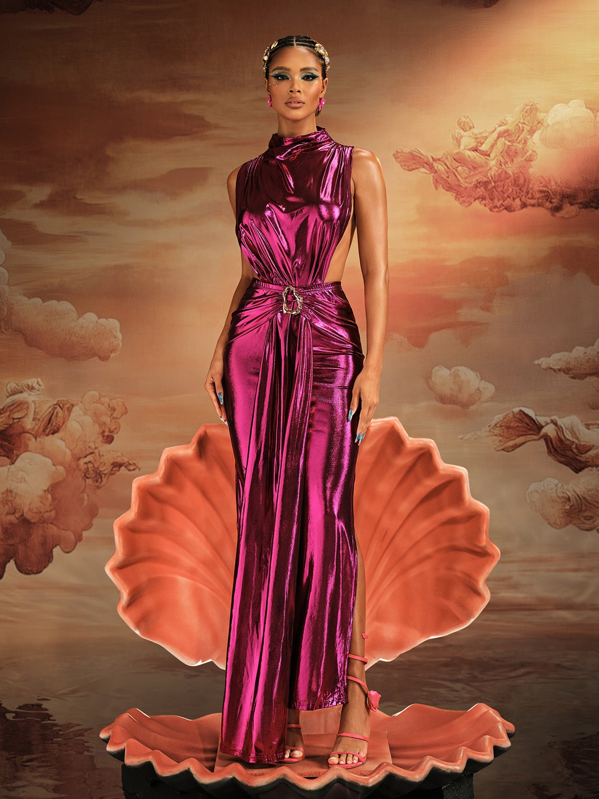 Sleeveless Draped Split Metallic Maxi Dress