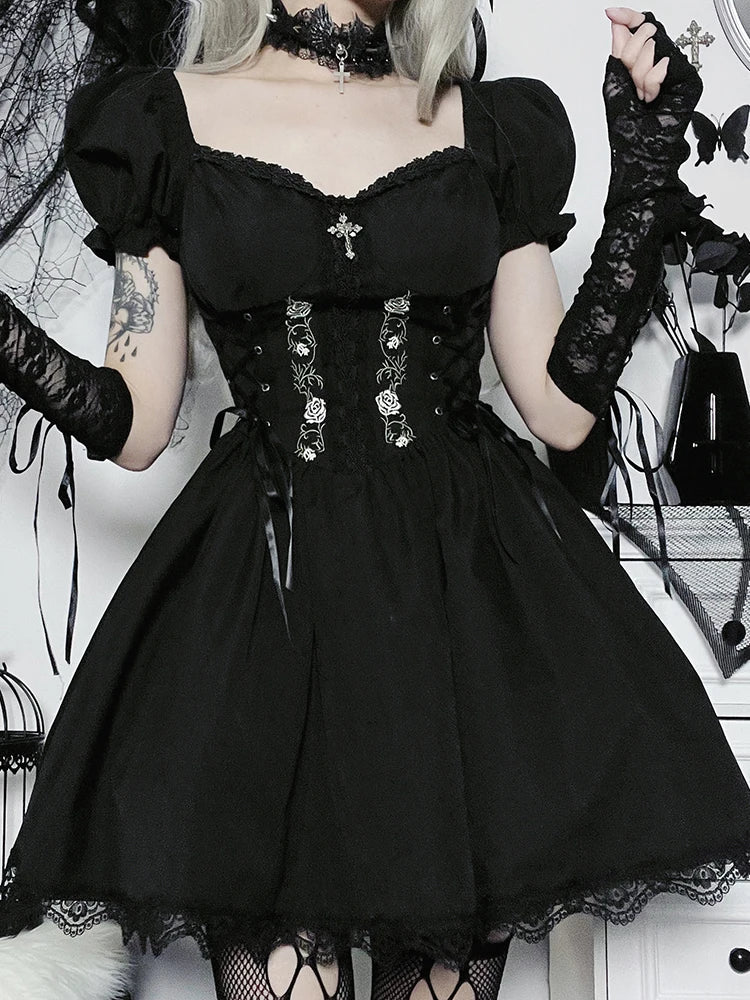 Gothic A Line Pleated Hem Harajuku Lolita Lace Trim Summer Dress