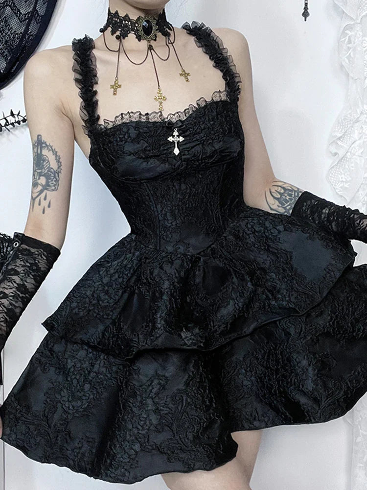Jacquard Double Cake Suspender Vintage Lace Trim Backless ALine Mini Sexy Club Cami Dress