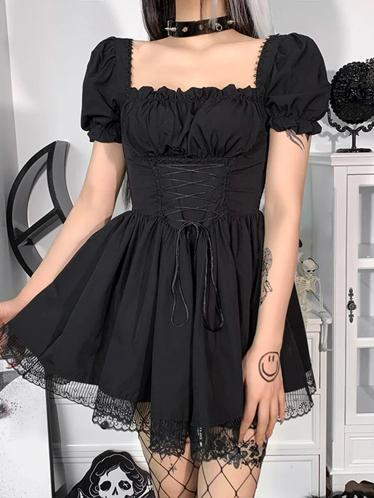 Square Neck Puff Sleeve Lace Up Corset Waist Lace Trim Hem Mini Dress 2