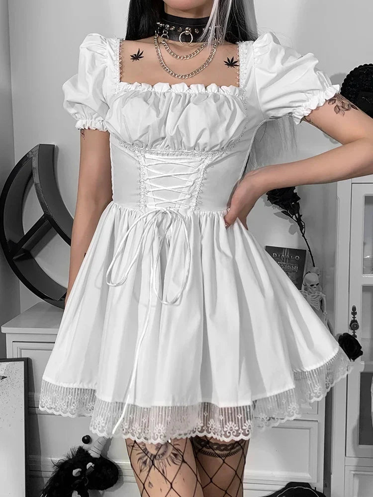 Square Neck Puff Sleeve Lace Up Corset Waist Lace Trim Hem Mini Dress 4