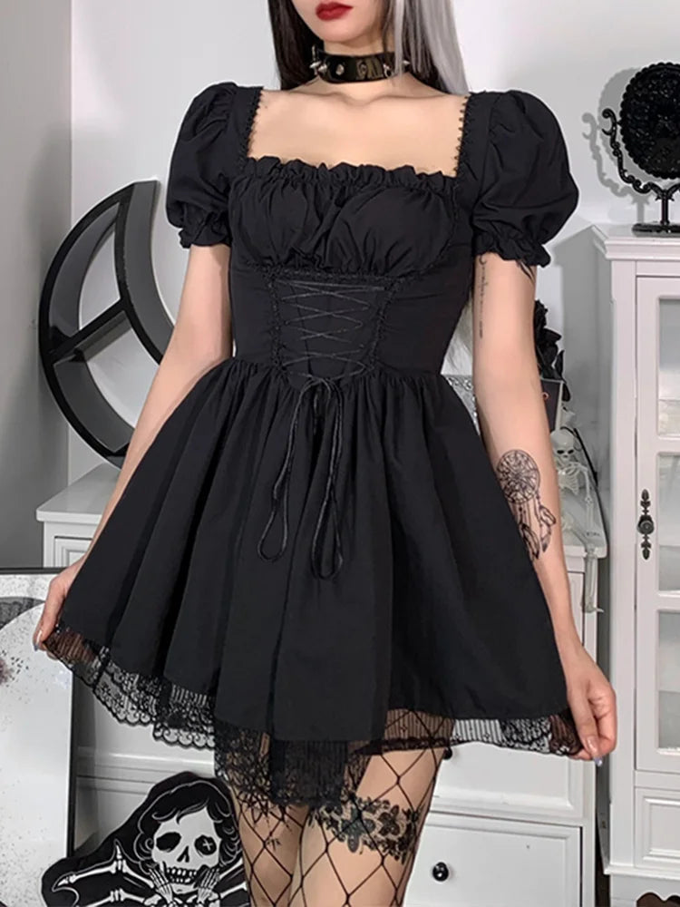 Square Neck Puff Sleeve Lace Up Corset Waist Lace Trim Hem Mini Dress 3