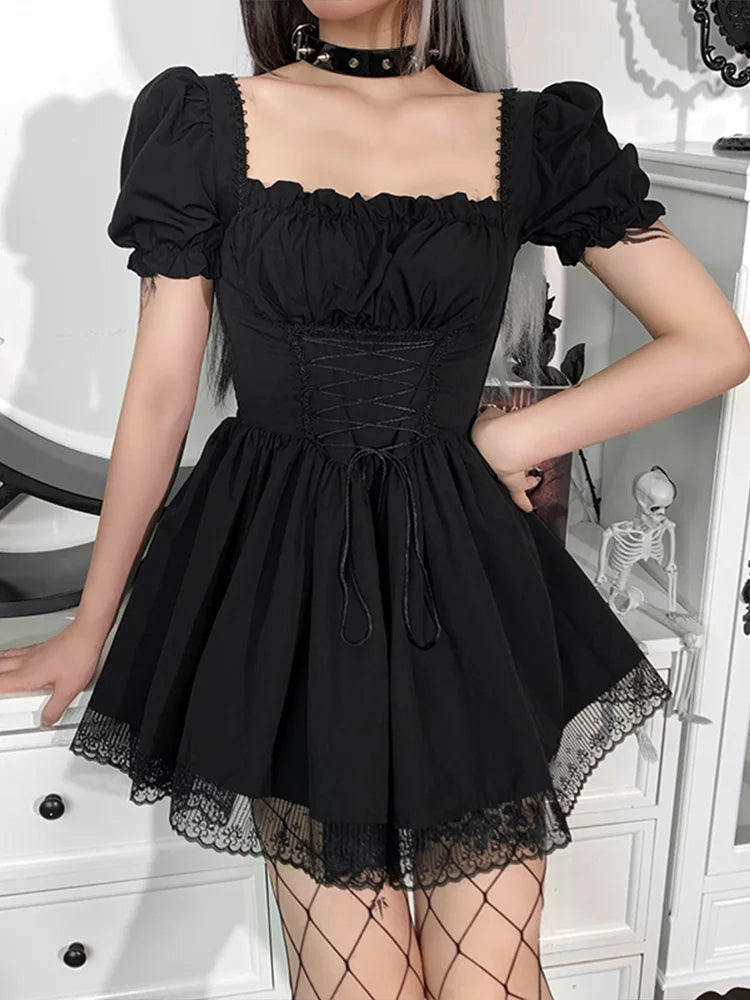 Square Neck Puff Sleeve Lace Up Corset Waist Lace Trim Hem Mini Dress 7