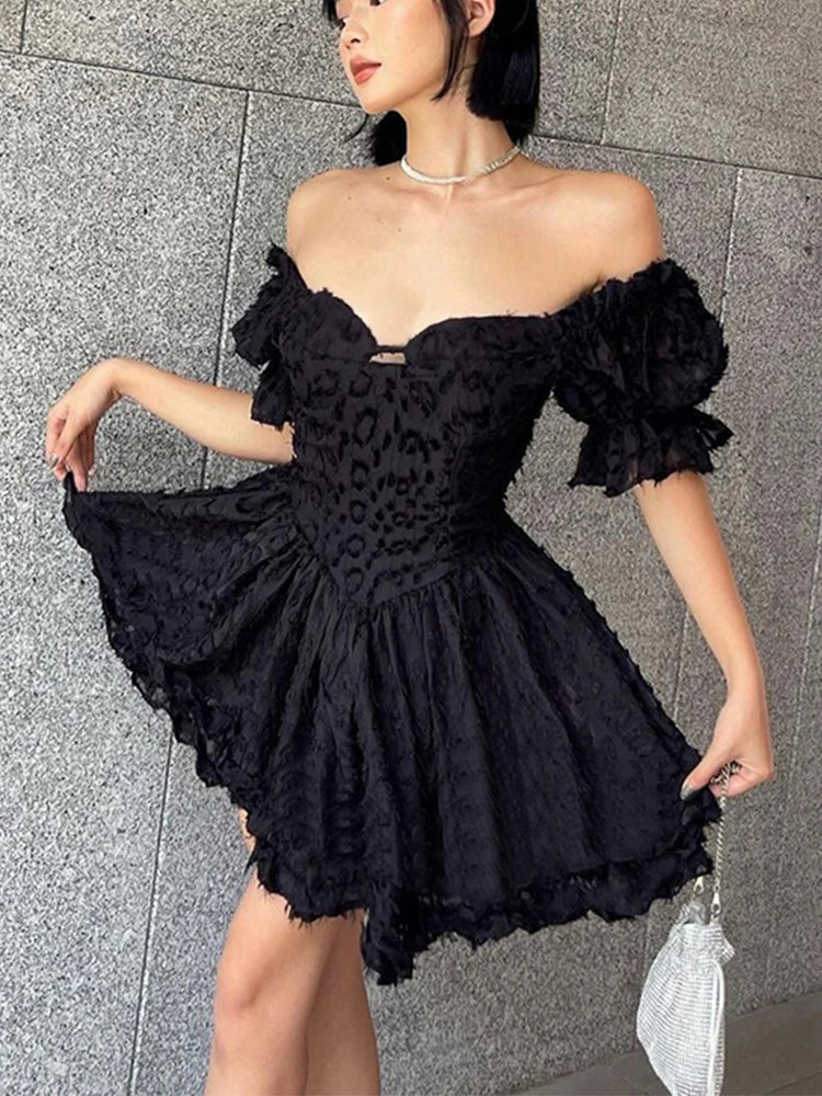 Textured Jacquard Print Off Shoulder Puff Sleeve Corset Skater Mini Dress 2