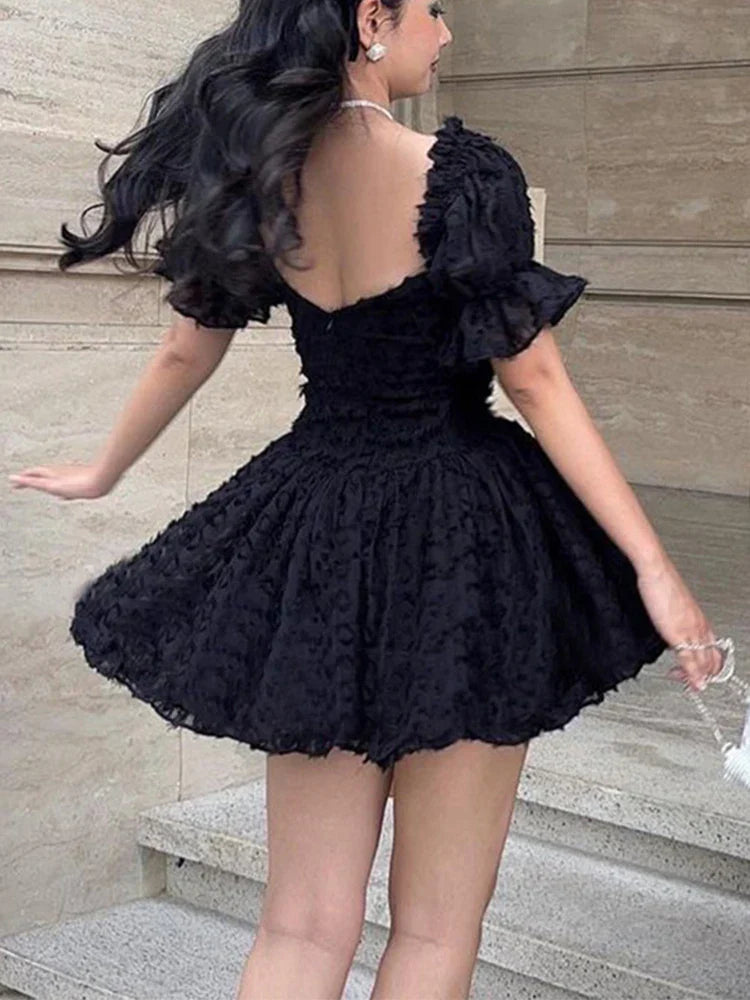 Textured Jacquard Print Off Shoulder Puff Sleeve Corset Skater Mini Dress 4