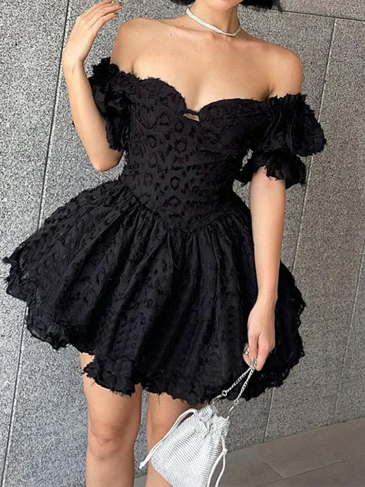 Textured Jacquard Print Off Shoulder Puff Sleeve Corset Skater Mini Dress 3