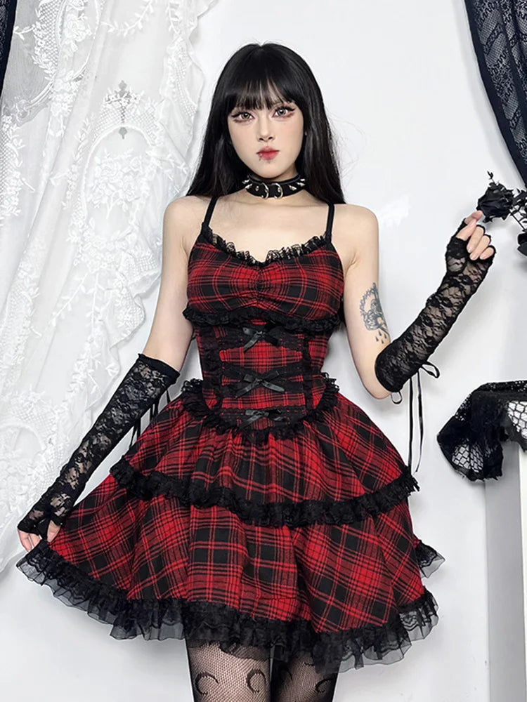 Plaid Mall Goth Grunge Punk Black Emo Party Lace Up Backless Mini Dress ALine Dress