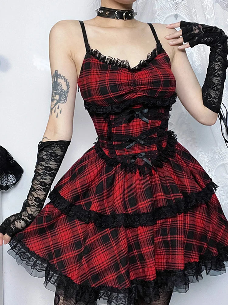 Plaid Mall Goth Grunge Punk Black Emo Party Lace Up Backless Mini Dress ALine Dress