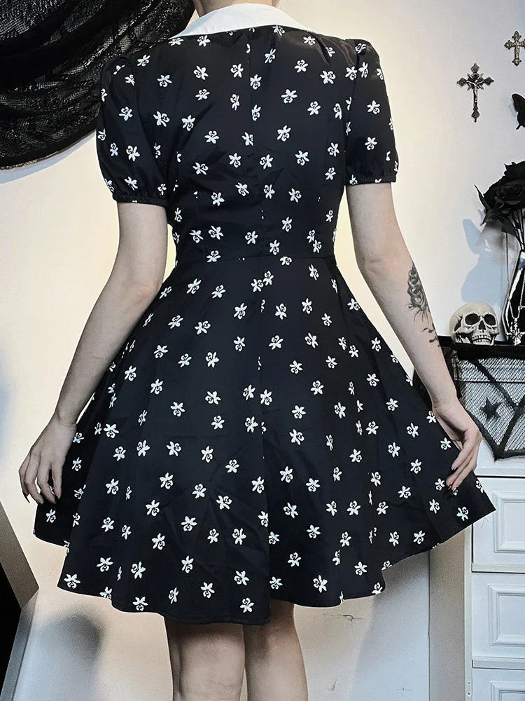 Gothic Turn Down Collar ALine Punk Print Short Sleeve Swing Cloak Bodycon Dress
