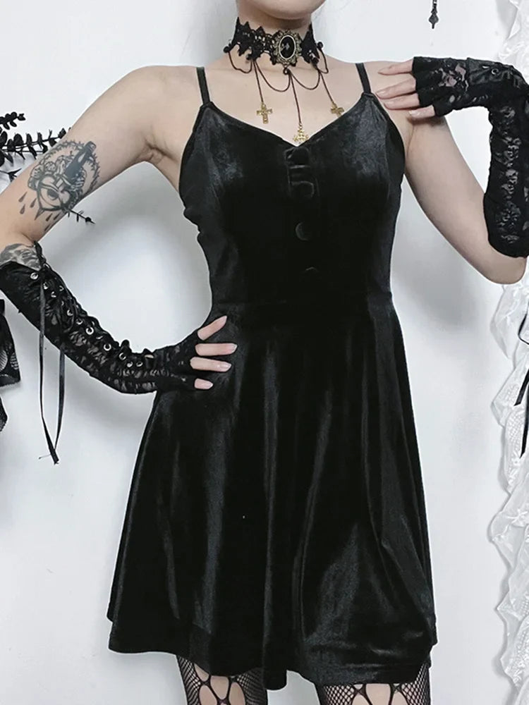 Velvet AHem Spaghetti Strap Punk V Neck Sleeveless Draped Bodycon Goth Vintage Mini Cami Dress