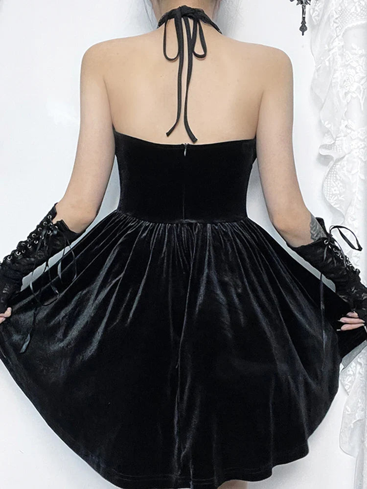 Velvet CrissCross Halter Vintage Draped Lace Sleeveless Bodycon Backless ALine Dress