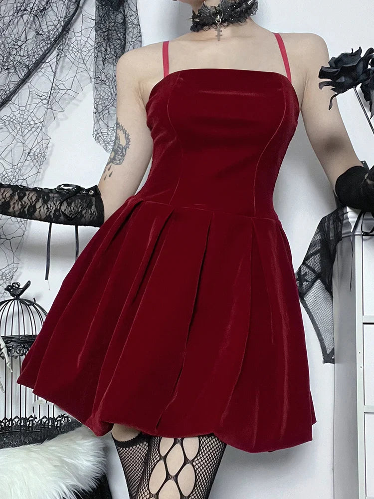 Velvet Solid Shirring High Waist Spaghetti Straps ALine Party Mini Elegant New Year Dress