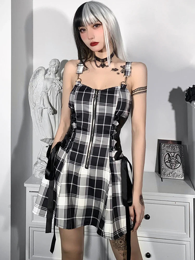 Plaid Bandage Vintage Punk Aesthetic Zipper ALine Harajuku Fashion Sleeveless Y2K Dress