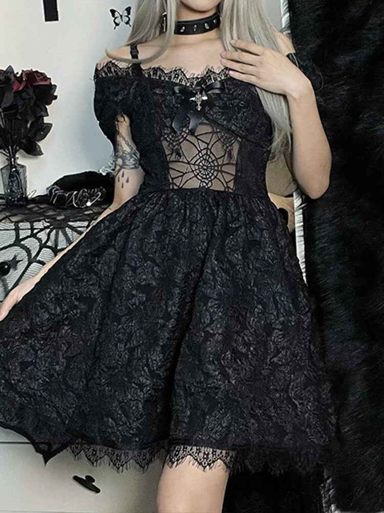 Mini Party Aesthetic One Shoulder Strap Lace Cutouts Elegant ALine High Waist Prom Y2K Grunge Clubwear Dress