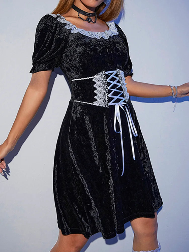 Sexy Black Harajuku Party Corset ALine Velvet Summer Fashion Emo Chic Elegant High Waist Dress