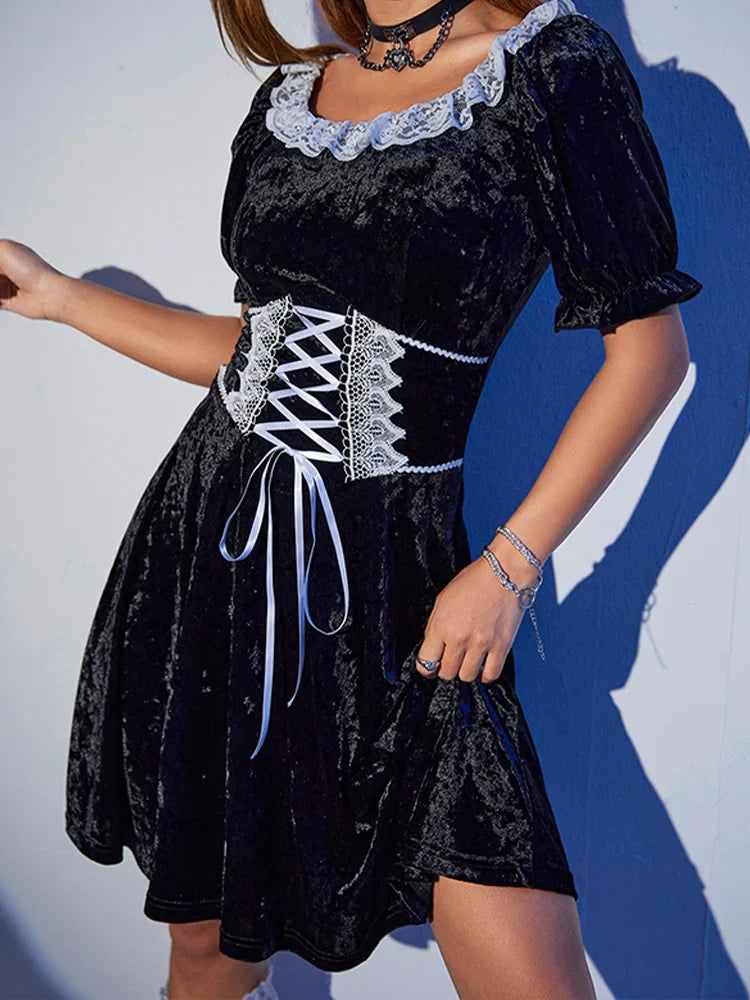 Sexy Black Harajuku Party Corset ALine Velvet Summer Fashion Emo Chic Elegant High Waist Dress
