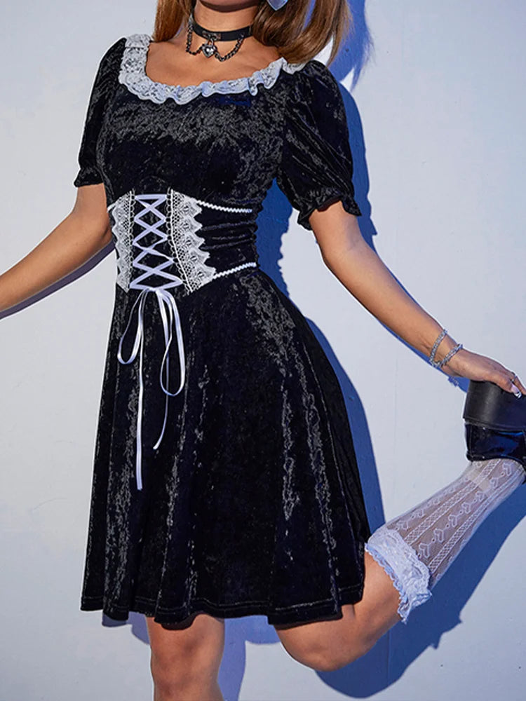 Sexy Black Harajuku Party Corset ALine Velvet Summer Fashion Emo Chic Elegant High Waist Dress