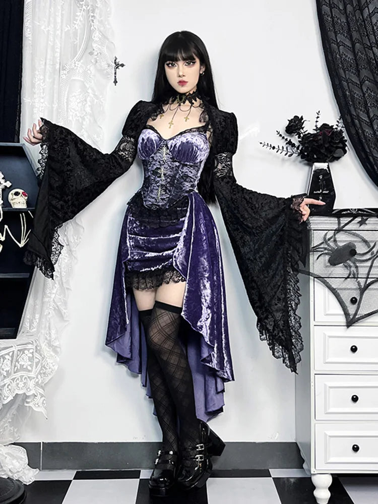 Velvet Lace Panel Corset Spaghetti Strap High-Low Ruffle Hem Dress 5
