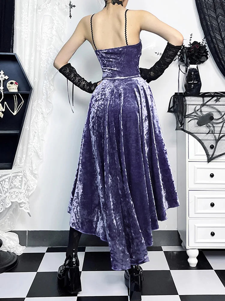 Velvet Lace Panel Corset Spaghetti Strap High-Low Ruffle Hem Dress 3