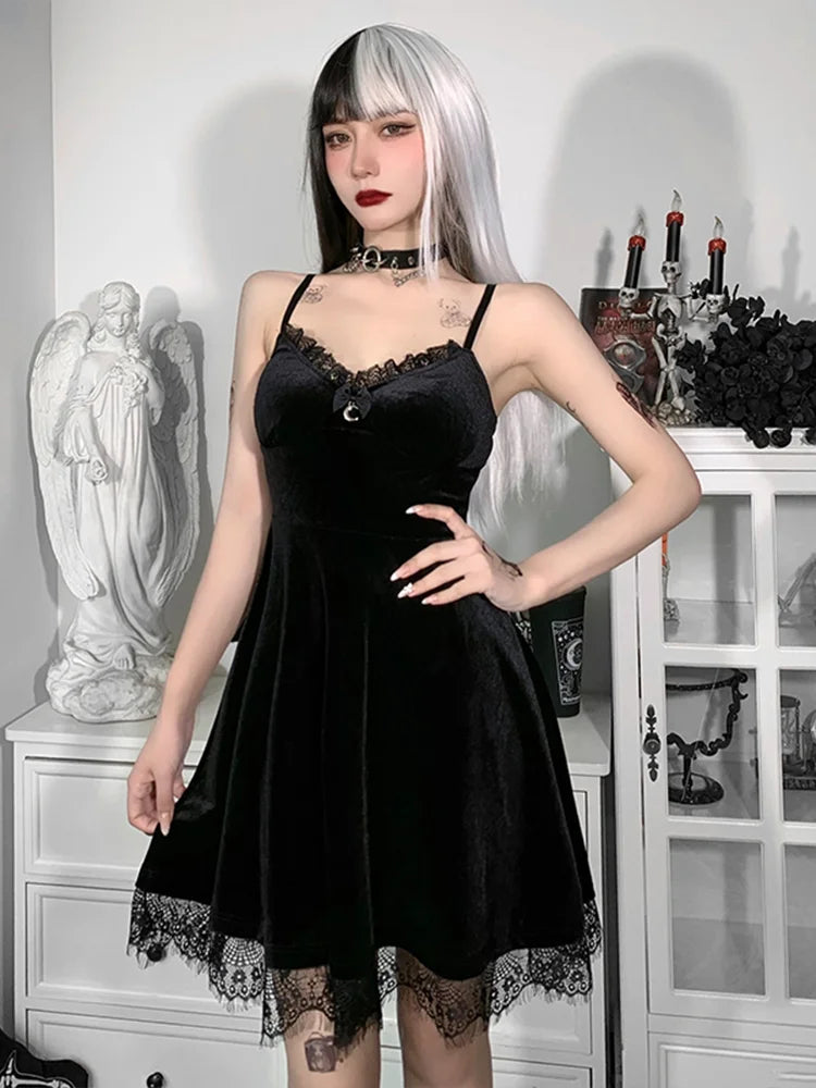 Velvet Spaghetti Strap Backless Moon Pendant Colorful Lace Trim ALine Waistin Sleeveless Corset Dress